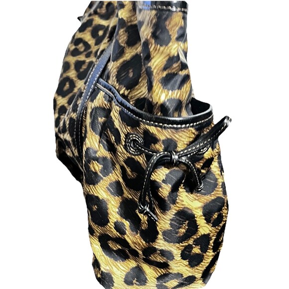 Brighton Leopard Print Satchel Tote Bag Black Patent Trim Woven Handles Filigree - Picture 4 of 11